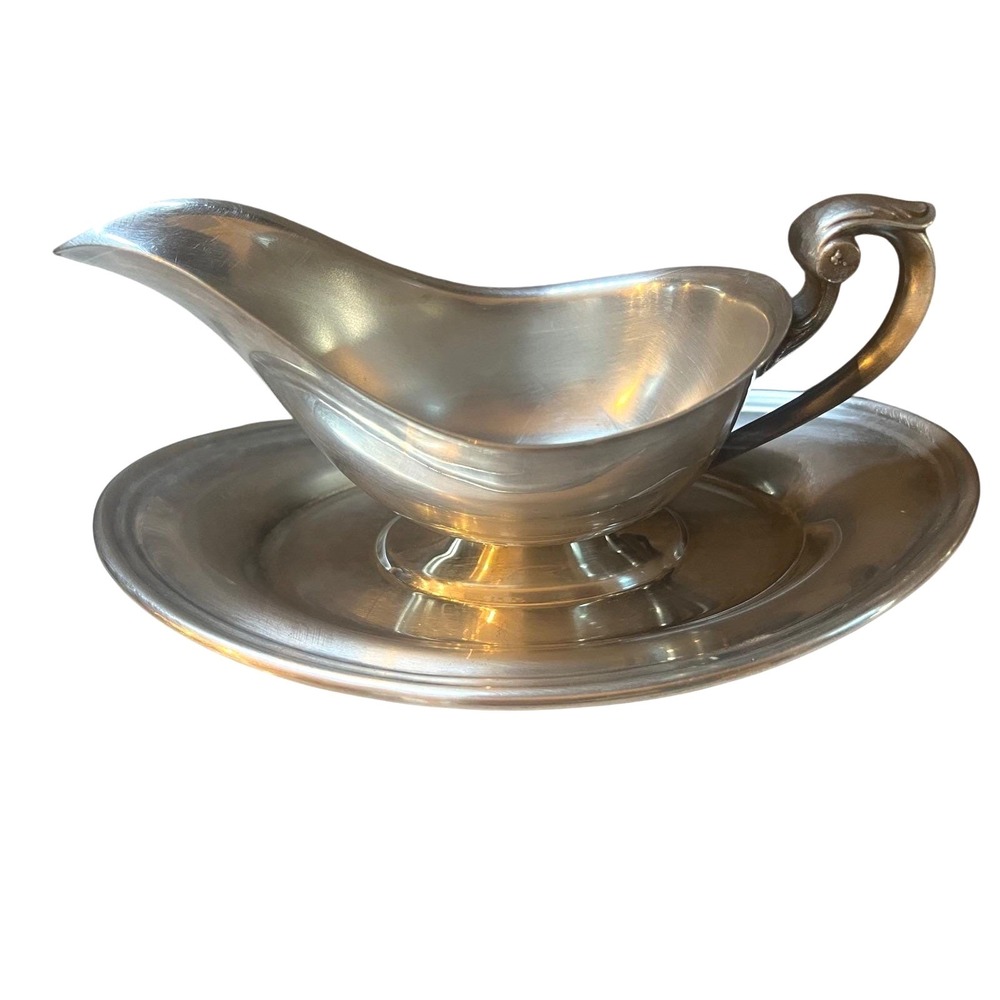 Vintage Pewter/Silverplate Gravy Boat with Attached Underplate Colonial MCM 80's